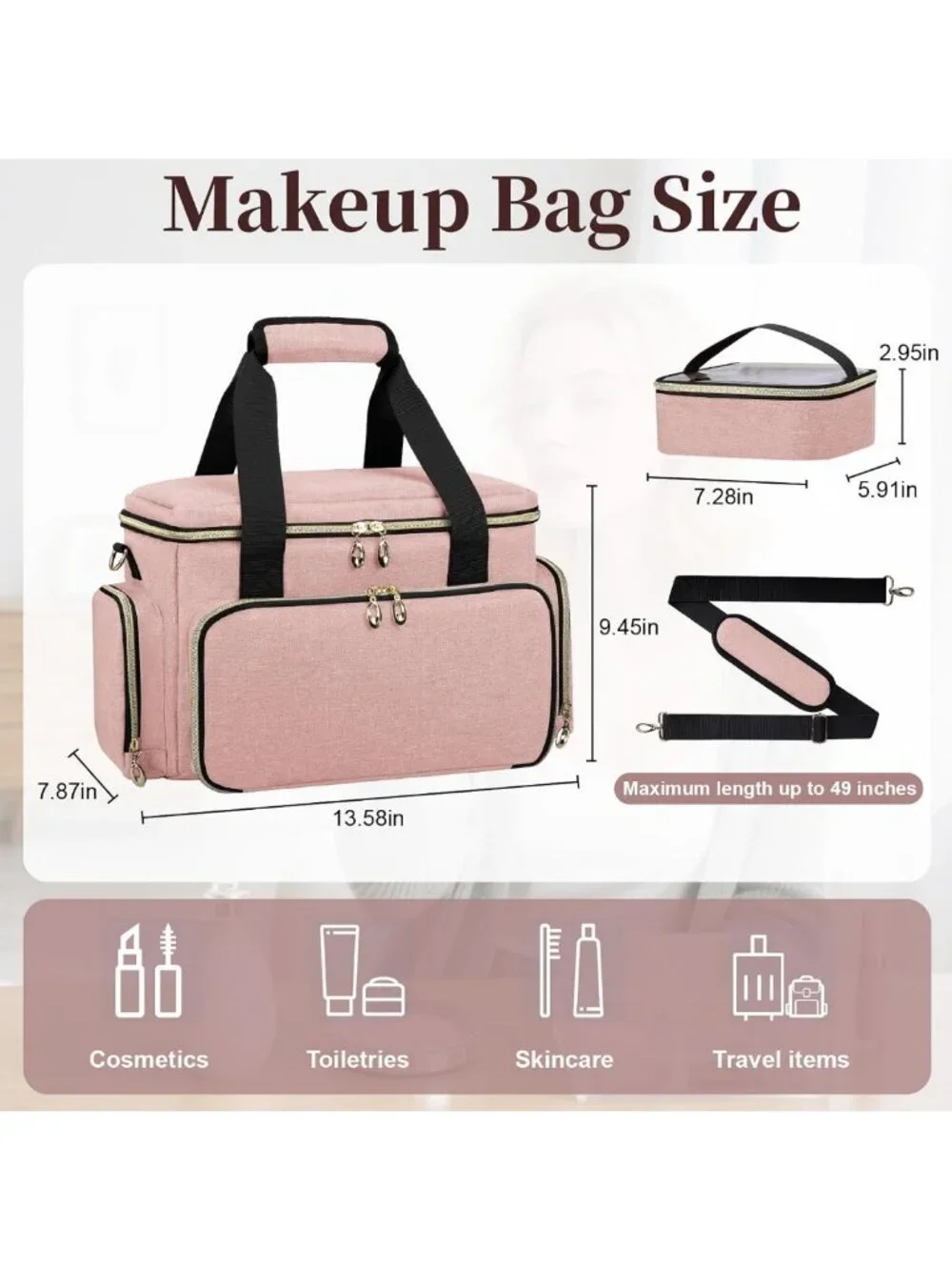 Large Portable Makeup Organizer Bag with Removable Pouches & Dividers - Pink